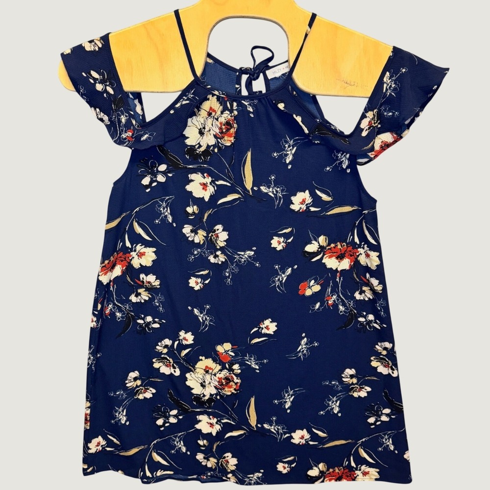 2004 | Miley + Molly Boho Floral Cold Shoulder Ruffle Blouse Navy Blue Women S